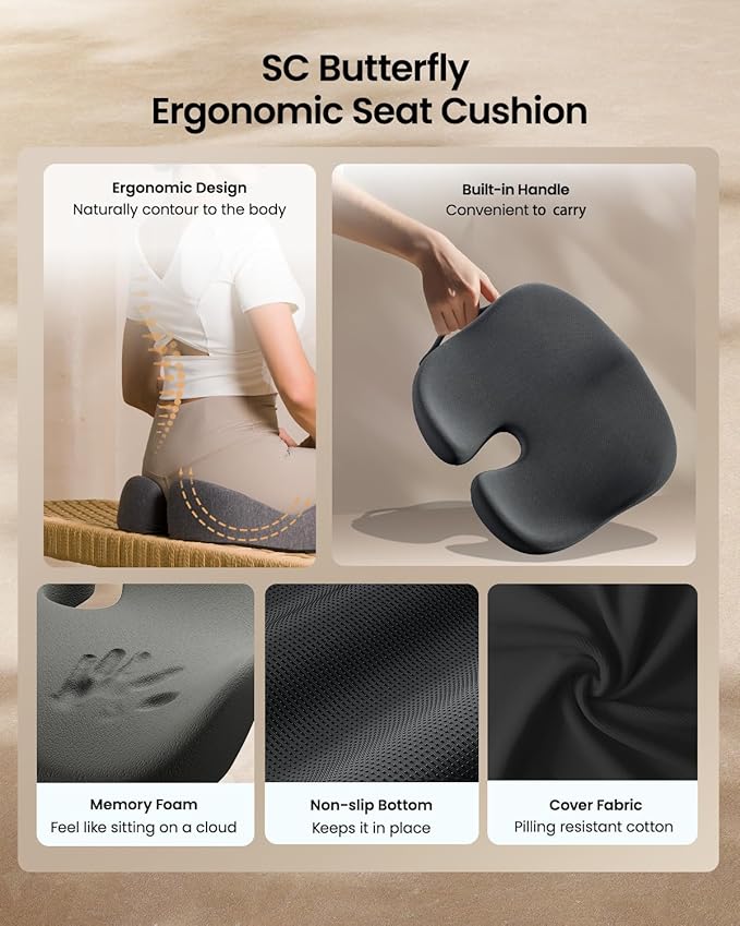 ProtoArc Seat Cushion, Office Chair Cushion for Sciatica, Coccyx Cushion, Ergonomic Memory Foam Seat Cushion for Car, Home, Pressure Relief Pad for Hip, Tailbone, All Day Comfort - Dark Gray-DeskLoop Office