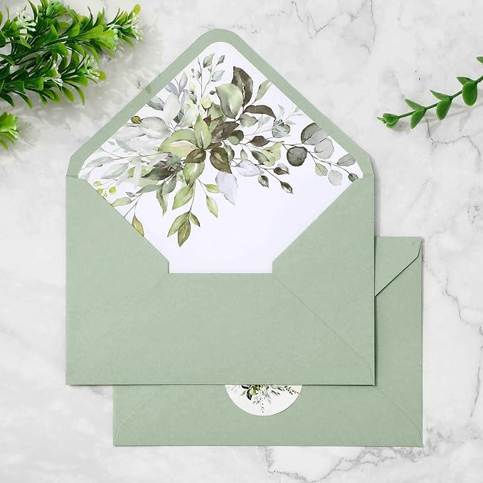 Whaline 50Pcs Greenery Envelopes 5 x 7 Inch Watercolor Sage Green Eucalyptus by Whaline