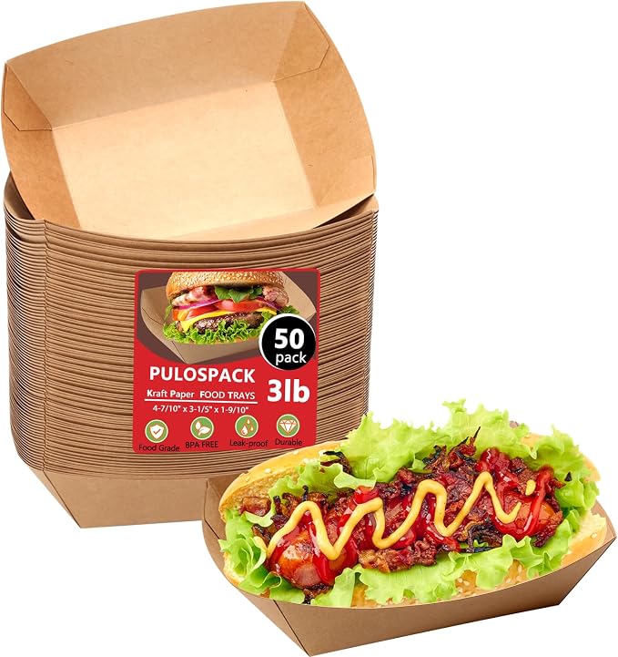 50 Pack 3lb Heavy Duty Kraft Leak Proof Paper Food Boats Disposable Nacho Trays by PULOSPACK