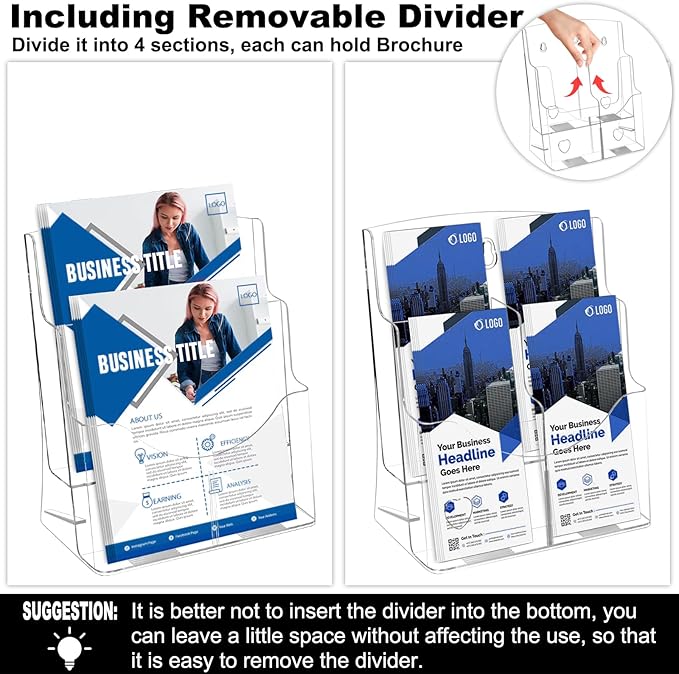 2 Pack Acrylic Brochure Holder 8.5 x 11 in, 2 Tier Brochure Display Stand with Removable Divider for 4 x 9 in Trifold Pamphlets, acrylic flyer holder 8.5 x 11 Stands for Flyer, Pamphlet, Magazine-DeskLoop Office