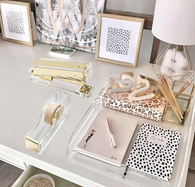 Acrylic Gold Tape Dispenser & Desktop Stapler, Includes Staple Remover - Image 2