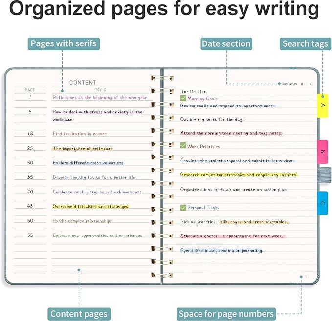 AHGXG Lined Spiral journaling notebooks With Numbered Pages, Hardcover Leather College Ruled Notebook 5.7" x 8.3" A5, light ivory Paper, Notebooks for School Work, Journals for Women,GrayBlue-DeskLoop Office