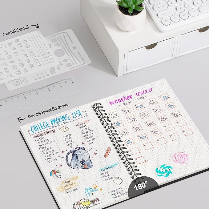 AHGXG Bullet Dotted Journal - Dot Grid Spiral Notebook A5, 160 Pages, 100 GSM Thick Paper, Waterproof Plastic Cover Journals for Bullet Journaling, Sketching, 5.7" x 8.3", Black-DeskLoop Office