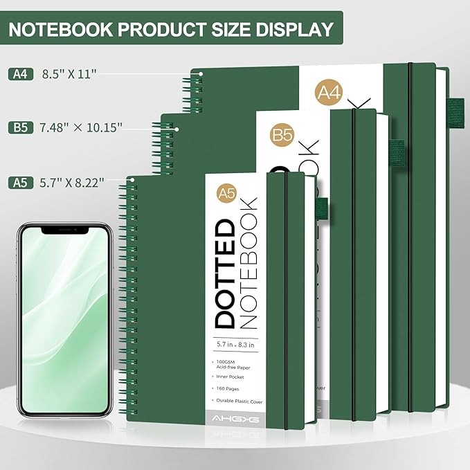 AHGXG Bullet Dotted Journal - Dot Grid Spiral Notebook A5, 160 Pages, 100 GSM Thick Paper, Waterproof Plastic Cover Journals for Bullet Journaling, Sketching, 5.7" x 8.3", Green-DeskLoop Office