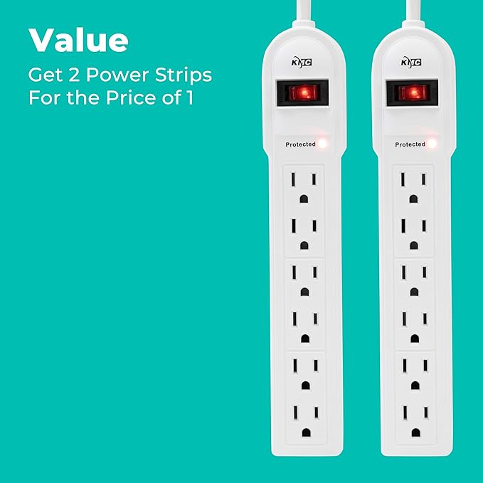 KMC 6-Outlet Surge Protector Power Strip 2-Pack, Overload Protection, 4-Foot Cord, 900 Joule - White-DeskLoop Office