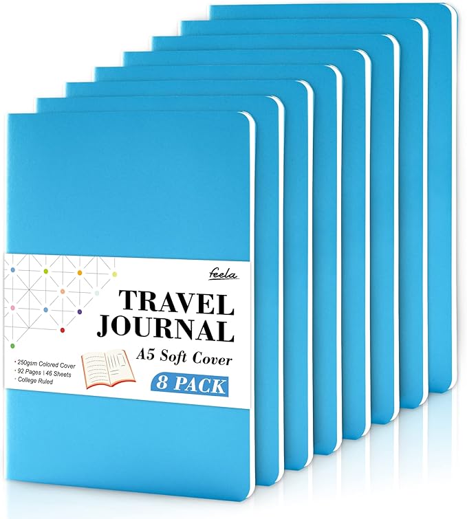 8 Pack Soft Cover Journal Bulk, Feela Notebooks College Ruled for Work, Lined Travel Journal for Women Men, Note Taking Notebook School Supplies Business Writing, 8.2” x 5.5”, A5, Blue-DeskLoop Office