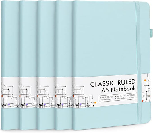 feela 5 Pack Notebooks Journals Bulk, Hardcover Notebook Classic Ruled Lined Journals with Pen Holder for Women Girls School Business Supplies, with 5 Black Pens, 120 GSM, 5.1”x8.3”, A5,Sky Blue