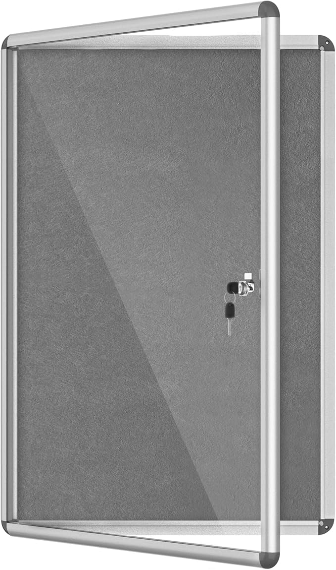 36"x24" Enclosed Bulletin Board, Lockable Weather-Resistant Aluminum Cork Noticeboard for School & Office, Silver Frame w/Grey Flet-DeskLoop Office