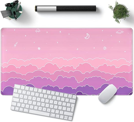 Kawaii Mouse Pad Desk Gaming Accessories Cute Clouds XXL Mouse Pad Pink Anime Office Decor Desk Mousepad Large, 31.5x15.7in Extended Keyboard Mousepad for Desk Girl with Stitched Edges Non-Slip-DeskLoop Office