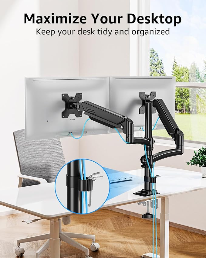 Dual Monitor Stand Holds 4.4-22 lbs Each, Dual Monitor Mount Height up to 26.6 inch, Gas Spring Monitors Arm for Max 32 inch Computer, VESA Mount with C-clamp & Grommet Mounting, Freelift Black-DeskLoop Office