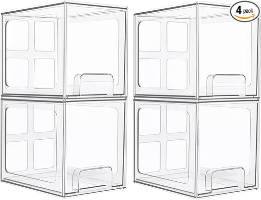Vtopmart 4 Pack Stackable Storage Drawers, 6.6''Tall Acrylic Bathroom Makeup Organizers,Clear Plastic Drawers For Vanity, Undersink, Kitchen Cabinet,Pantry Organization and Storage-DeskLoop Office