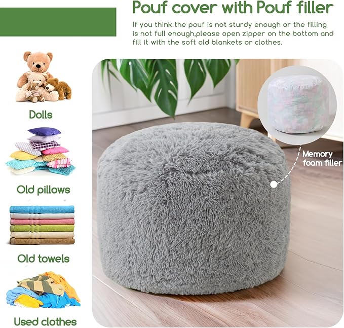 HIGOGOGO Round Stuffed Pouf Ottoman, Long Faux Fur Poufs with Foam Chunk Filling, Fluffy and Furry Pouf Foot Stool Storage Ottoman, 20 X 15 Floor Poufs Foot Rest for Living Room, Grey-DeskLoop Office
