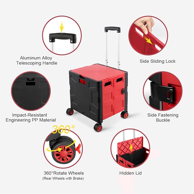 FELICON Folding Utility Cart Rolling Crate Handcart Basket Tote-Red+Black | - Image 2