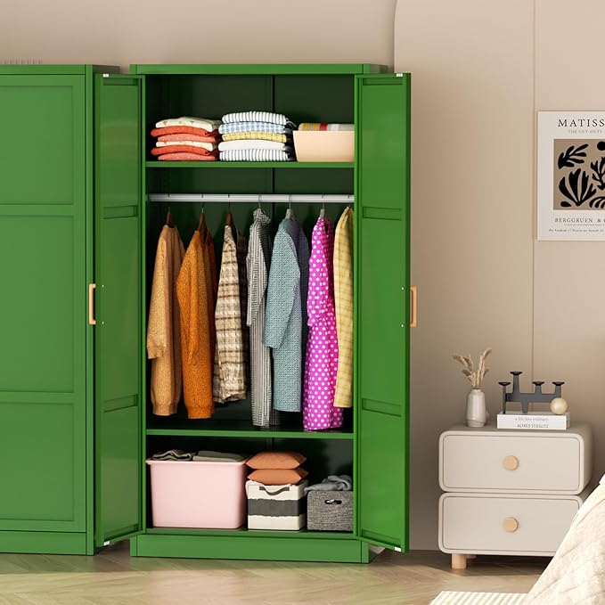 Greenvelly Metal Wardrobe Cabinet with Wooden Handle, 72" Metal Wardrobe Closet with Hanging Rods and Adjustable Shelves, Clothing Storage Closet Cabinet for Home, Office, Employee, Gym (Green)-DeskLoop Office
