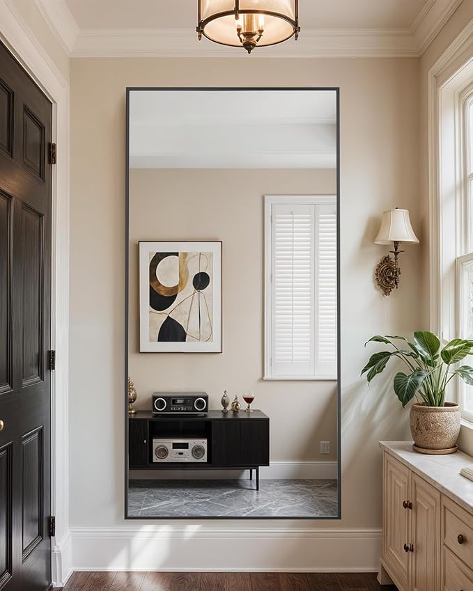 Full Length Mirror, 71"x28" Oversized Floor Mirror Freestanding, Full Body Mirror Floor Standing Mirrors with Stand, Hanging Mounted Mirrors for Bedroom Living Room, Black, Rect Style-DeskLoop Office