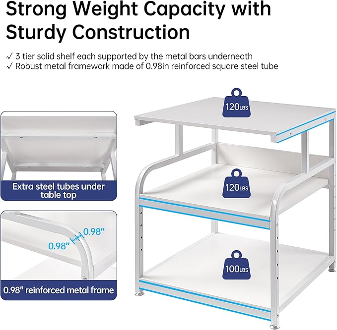Printer Stand, 25.6" x 23.6" x 30.9" Extra Large Printer Table with Adjustable Storage Shelf, 3 Tier Rolling Printer Cart with Industrial Wheels for Home Office, White-DeskLoop Office