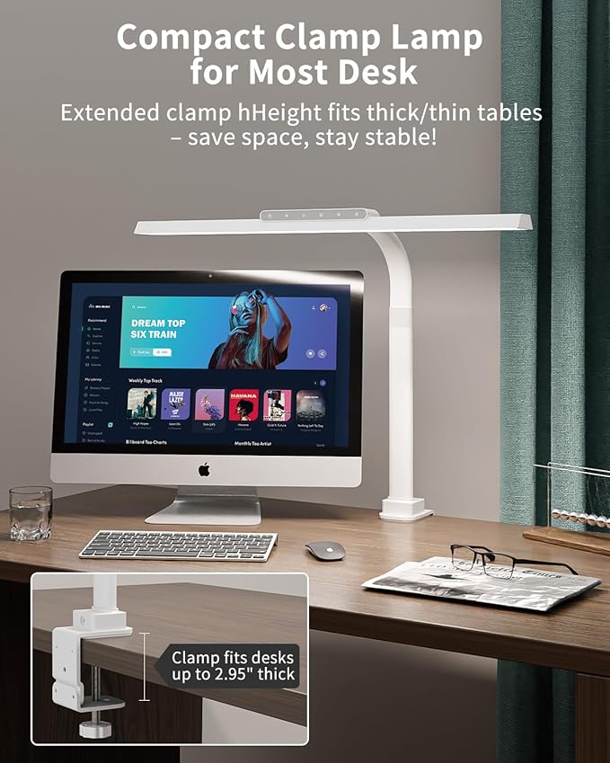 LED Desk Lamps for Home Office, 24W Bright Eye-Caring Desk Light with Clamp, Stepless Dimming Adjustable Flexible Gooseneck Clip on Office Lamp with Adapter for Reading, Study, Workbench,White-DeskLoop Office