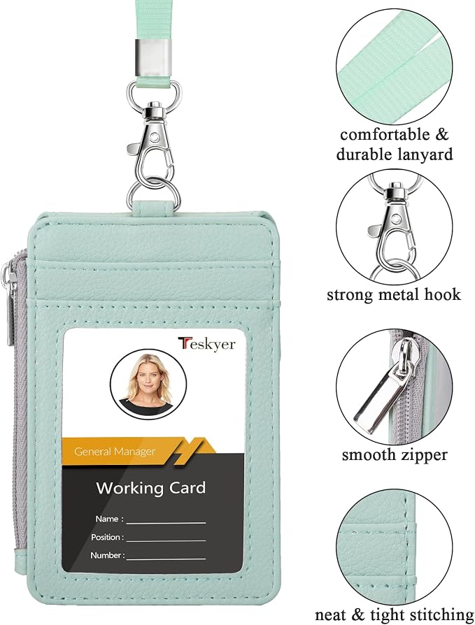 Teskyer ID Badge Holder with Lanyard, Lanyard Wallet, Lychee Mint Green | - Image 2