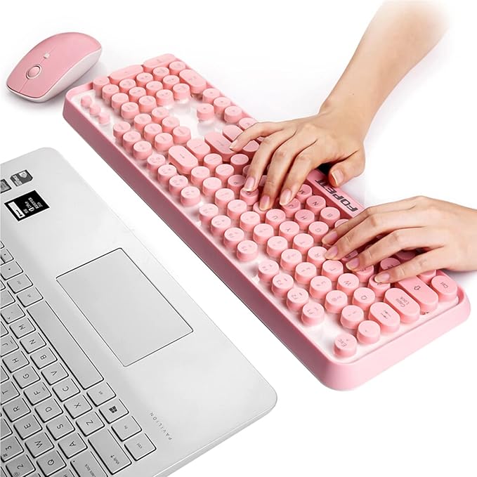 FOPETT Wireless Keyboard and Mouse Combo, 104 Keys Full-Sized 2.4 GHz Round Keycap Colorful Keyboards, USB Receiver Plug and Play, for Windows, Mac, PC, Laptop, Desktop (Pink)-DeskLoop Office
