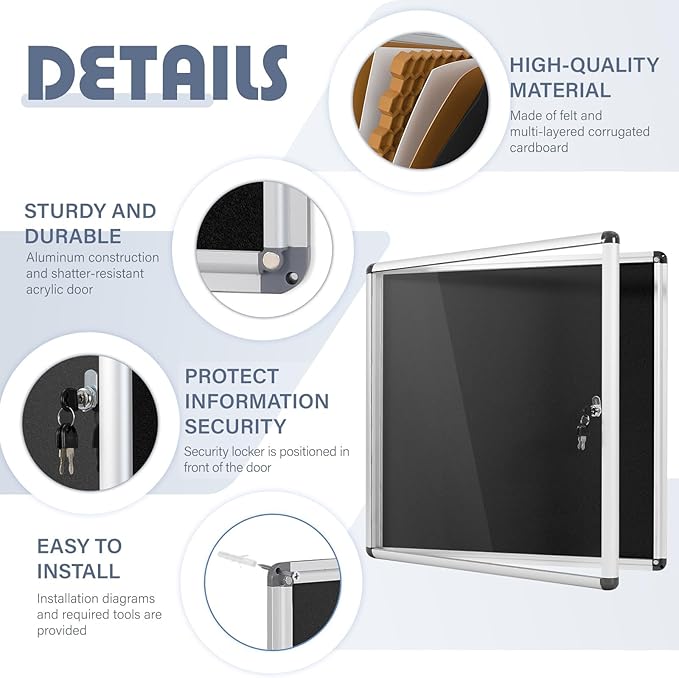 Enclosed Bulletin Board Lockable Display Case Message Board with Locking Door for Indoor, Black Felt, Silver Aluminum Frame, 28x26 inch (6xA4)-DeskLoop Office