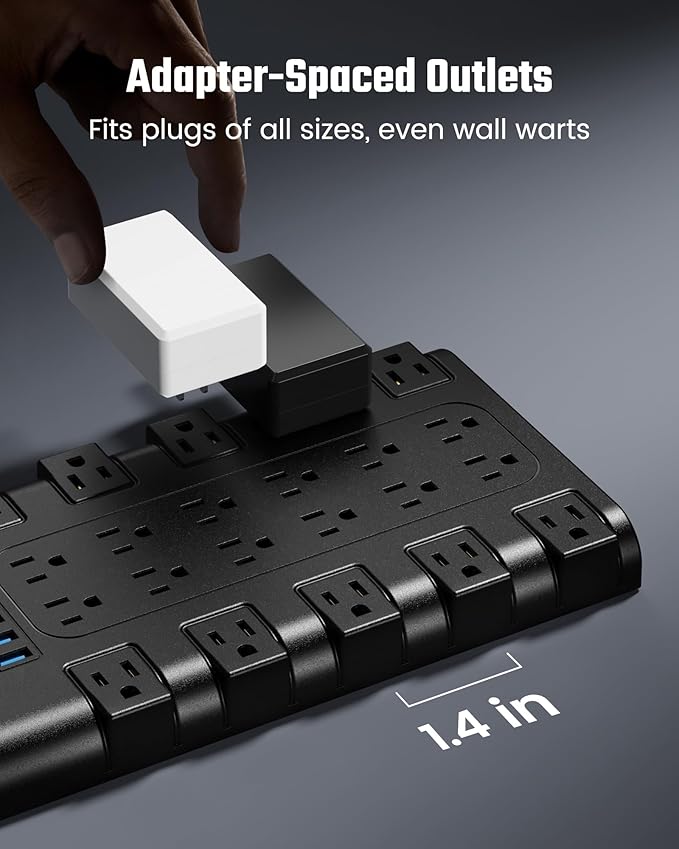 10Ft Power Strip Surge Protector, SUPERDANNY Charging Station 22 Outlets with 45W Type-C Fast Charging USB Ports, 4 USB-A, 2 USB-C, 2100J, 15A/1875W, Flat Plug Extension Cord for Home Office Black-DeskLoop Office