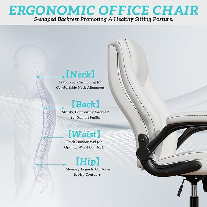 GYI O205P High Back Executive Office Chair, Big and Tall Office Chair 400LBS with Rubber Wheels,Ergonomic Adjustable Computer Desk Chairs with Padded Flip-up Armrests,Lumbar Support (White)-DeskLoop Office