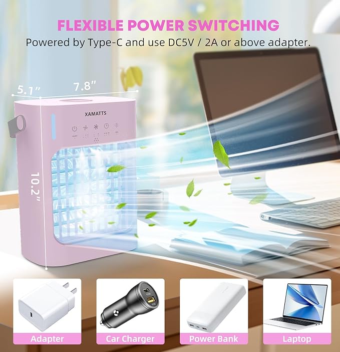 Portable Air Conditioners Cooling Fan, 3 Speeds Evaporative Mini Air Conditioner Portable, 700ml Portable AC Air Cooler, Personal Air Conditioner for Bedroom,Room,Office,Camping-Pink-DeskLoop Office
