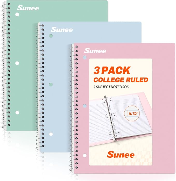 SUNEE Spiral Notebooks, 3 Pack, College Ruled Paper, 70 Sheets per Notebook by SUNEE