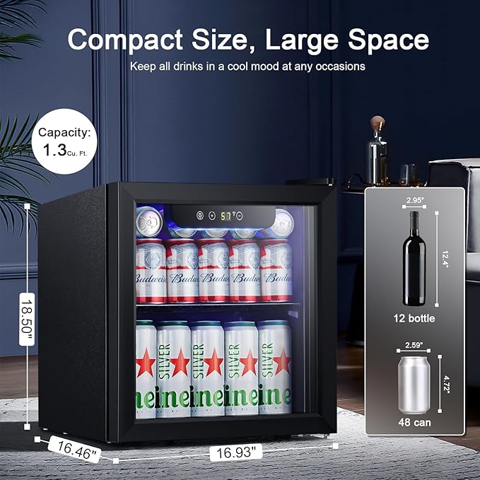 Antarctic Star Mini Fridge Cooler - 12 Bottle 48 Can Beverage Refrigerator Glass Door for Drinks or Beer Wine –Small Drink Dispenser for Home, Office or Bar, Electronic Temperature Control，1.3cu.ft.-DeskLoop Office
