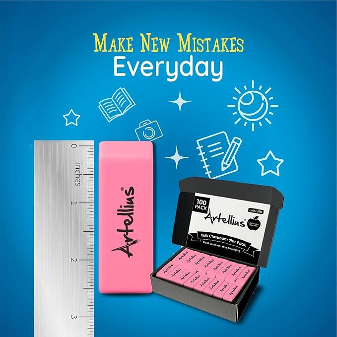 Artellius Pink Erasers | Latex & Smudge Free | Bulk School Supplies | Classrooms - Image 2