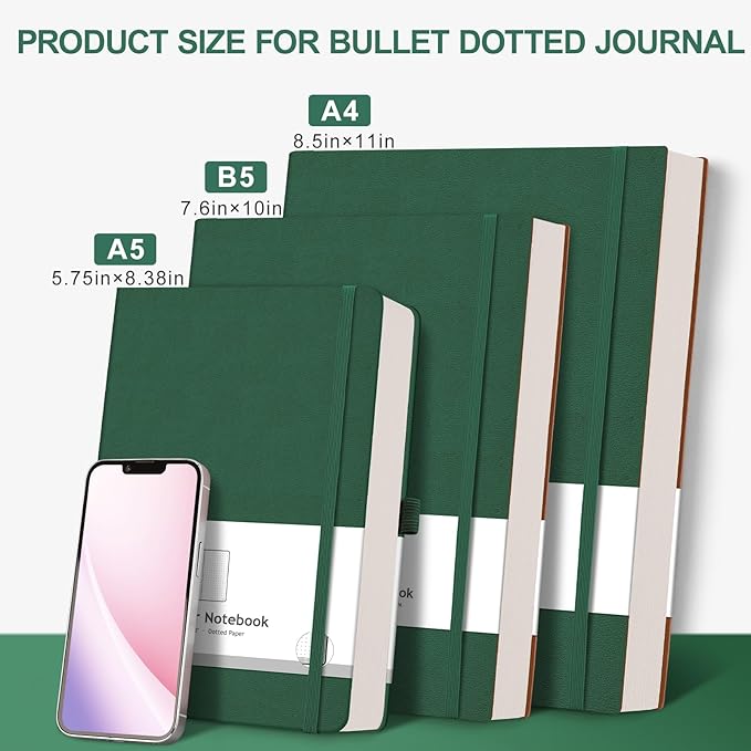 AHGXG Bullet Dotted Journal - 320 Pages Dot Grid Notebook B5 Large Journal, 100gsm Thick Dotted Paper, Leather Softcover, with Journal Stencils, Inner Pocket, 7.6'' X 10'' - Green-DeskLoop Office