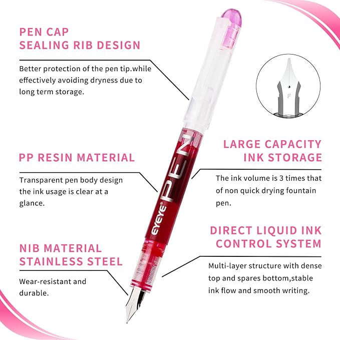 EYEYE Disposable Fountain Pens, 8 Pack Multicolor Fine Point Fountain Pens for Writing, Stainless Steel Nib, Smooth Writing for Calligraphy, Journaling, Drafting, Sketching, Doodling & Gifts-DeskLoop Office