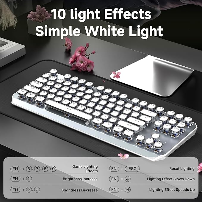 EWEADN Wireless Mechanical Typewriter Keyboard,80% Layout with White Backlit, Anti-Ghosting, Blue Switch Bluetooth/2.4GHz/USB-C Aesthetic Keyboard-White-DeskLoop Office