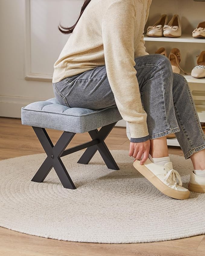 IBUYKE Small 12" H Footrest Stool, Square Linen Foot Stool with Metal X-Leg, Multi-Use as Small Side Table, Step Stool for Living Room, Bedroom, Entryway, Office, Blue Gray WBD011L-DeskLoop Office