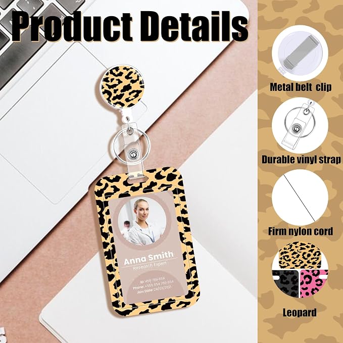 3 Set ID Badge Holder with Retractable Reel, Leopard Retractable ID Badge - Image 3