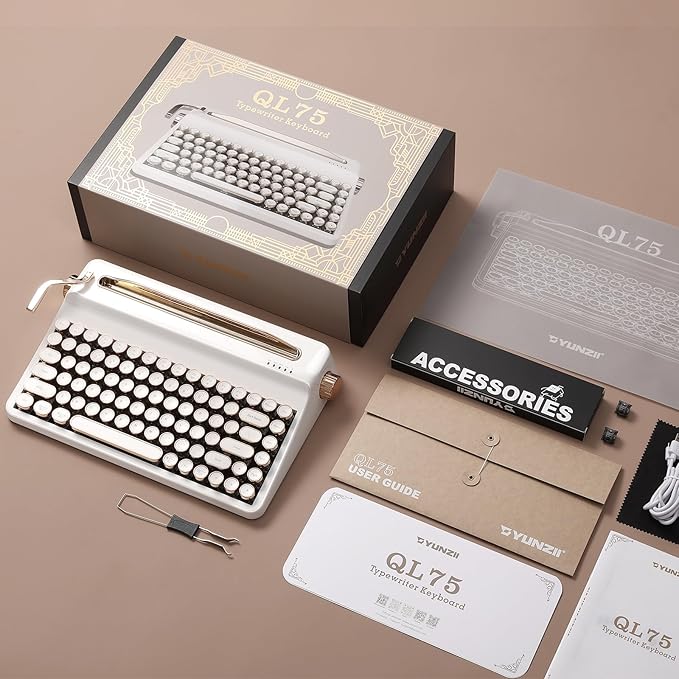 YUNZII QL75 Wireless Typewriter Hot Swap Retro Mechanical Keyboard,Punk Round Keycaps,RGB Backlit QMK/VIA Programmable, Multi-Device Keyboard with 2.4GHz/Type-C/BT5.0 (White, Cocoa Cream V2 Switch)-DeskLoop Office