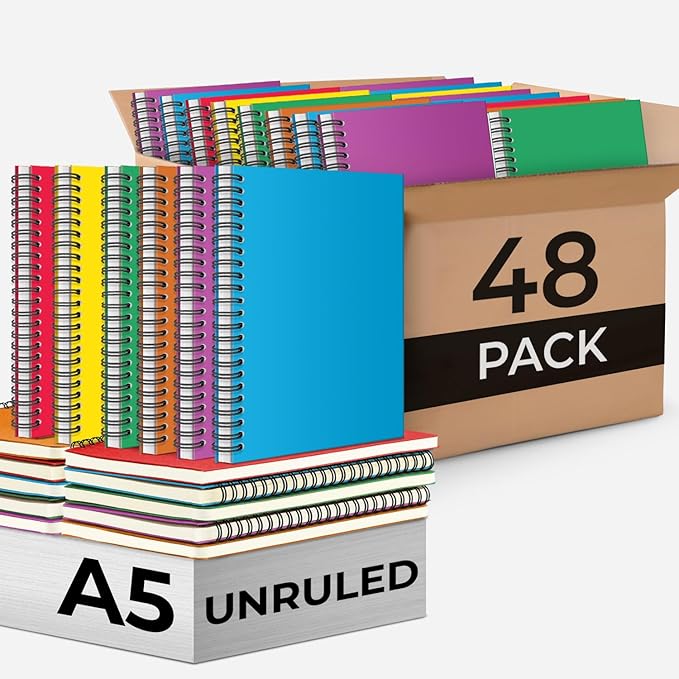 Blank Spiral Notebook, 48 Pack, 5.8 x 8.3, 120 Pages (60 Sheets), 100 GSM Unlined Drawing Notebooks, Assorted A5 Journals, No-Bleed, Sketching, Note Taking, Blank Journals for Office & School-DeskLoop Office