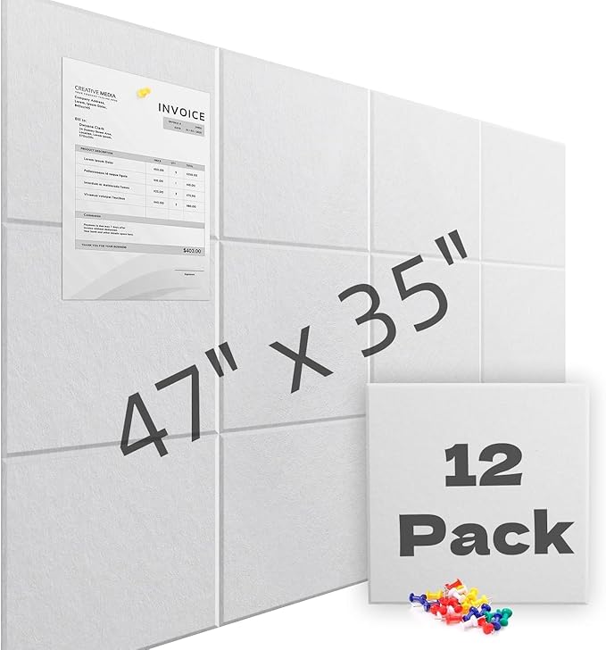 Large Cork Board for Walls 47" x 35" 12 Pack Black Bulletin Boards Felt Wall Tiles with Safe Removable Adhesive Corkboards for Office Home,White-DeskLoop Office