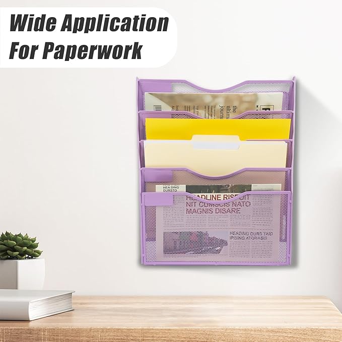 EASEPRES 5 Pocket Mesh Hanging Wall File Organizer, Wall Mounted Mail Paper Document Folder Holder, Clipboard Storage Organization Magazine Rack with Nametag Label for Office Home School, Light Purple-DeskLoop Office