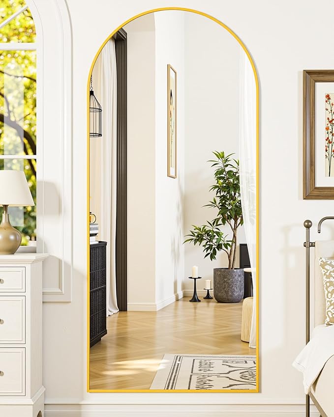 Full-Length Floor Mirror with Stand, 71"x32" Arched Style Full Body Standing Mirror for Bedroom, Living Room, Gym, Dorm - Shatter-Resistant & Easy Assembly, Gold-DeskLoop Office