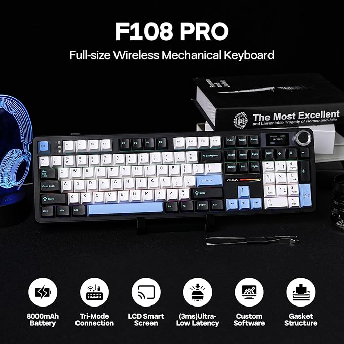 EPOMAKER X Aula F108 PRO Wireless Gaming Keyboard with Screen, 8000mAh Battery, 104 Hot-Swappable and Programmable Keys and Knob, RGB Backlight, for Mac/PC/Android (Blue&White&Black)-DeskLoop Office