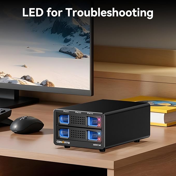 Hybrid 2.5/3.5" SATA HDD/SSD+3* M / B+M Key M.2 NVMe Enclosure with Cooling Fan and USB A/C 3.2 Gen 2 (10Gbps), Hard Drive Enclosure Support 46TB(22TB HDD+3*8TB 2230/2242/2260/2280/22110 SSDs)-DeskLoop Office