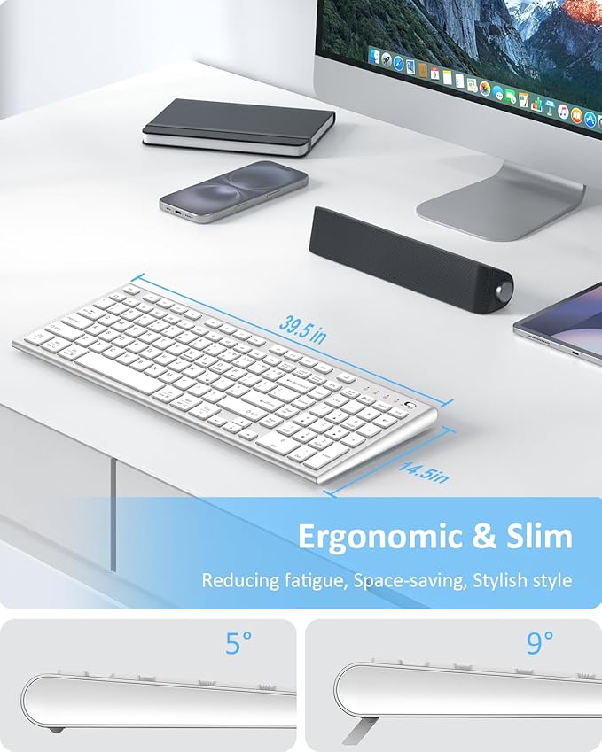 FENIFOX Wireless Keyboard, Bluetooth + USB Ergonomic Silent Quiet Rechargeable with Number Pad Compact Full Size Multi Device Keyboards for iPad Tablet Mac Computer Surface PC MacBook Laptop Silver-DeskLoop Office