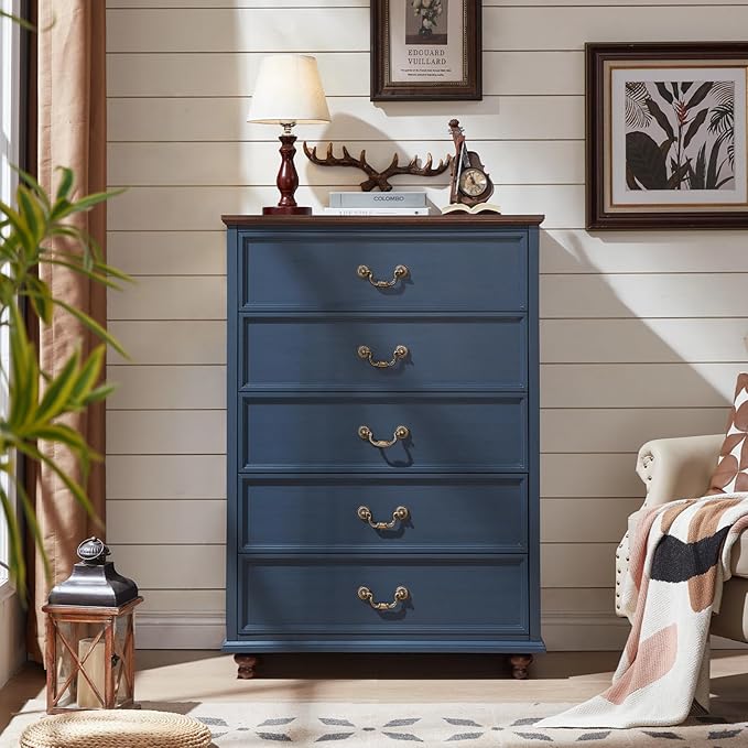 Farmhouse 5 Drawer Dresser Set of 2 for Bedroom, 45" Tall Rustic Chests of Drawers w/ 4 Solid Wood Feet, Mid Century Vintage Wooden Closet Storage Dressers Organizer for Living Room, Navy Blue-DeskLoop Office