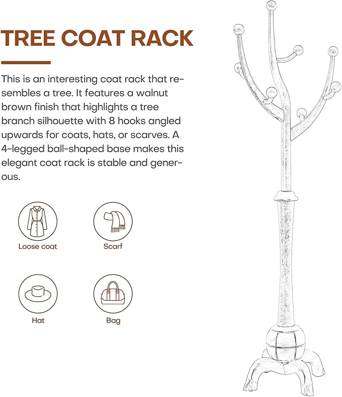 Coat Rack Freestanding Wood Coat Tree Rack with 8 Hooks, Creative Design Tree Branch-look, Standing Coat Rack Clothes Hanger Stand with Stury Base for Entryway, Hallway, Bedroom - Load 160lb (Walnut)-DeskLoop Office