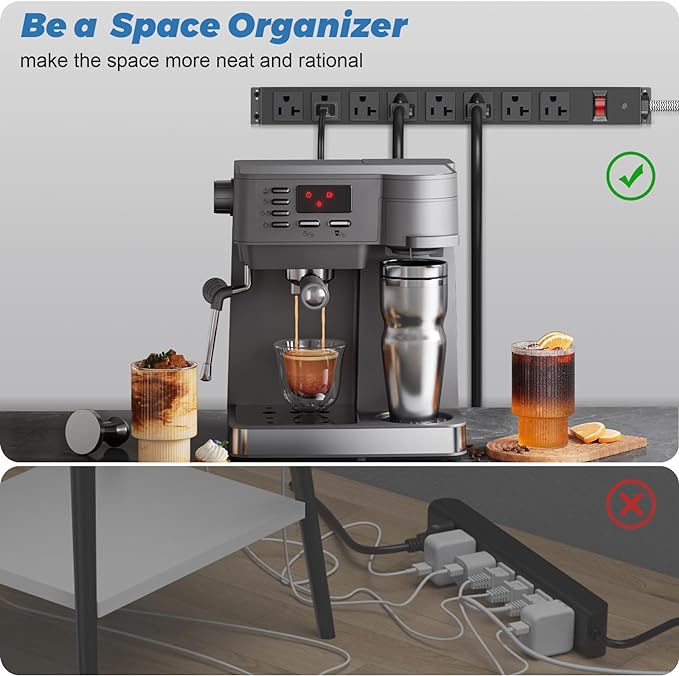 20 Amp Power Strip Heavy Duty, 12 Gauge Extension Cord for Appliance Workbench Garage Industrial, Metal 8 Outlets Combine with T-Plug Adapter 5-20R T-Slot, 1200J Surge Protector-DeskLoop Office