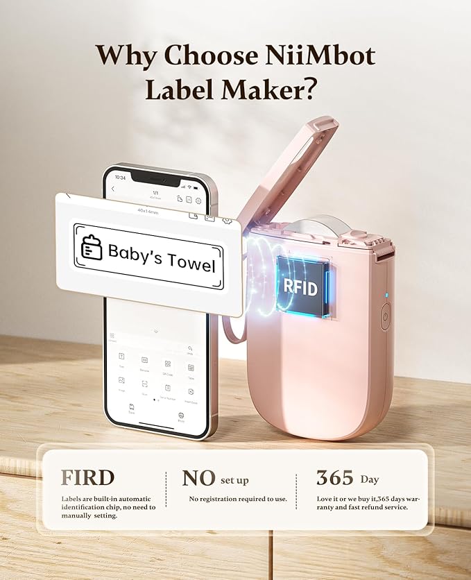 NIIMBOT Label Maker Bluetooth Mini Label Printer D11 2024 Version, Portable Label Maker with Tape Thermal Sticker Small Labeler, 300 DPI High Clearity Rechargeable, Pink-DeskLoop Office