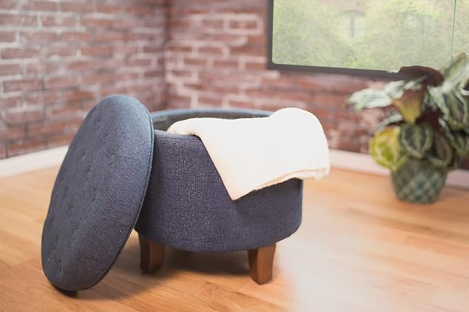 HomePop by Kinfine Fabric Upholstered Round Storage Ottoman - Velvet Button Tufted Ottoman with Removable Lid, Indigo Blue Woven-DeskLoop Office