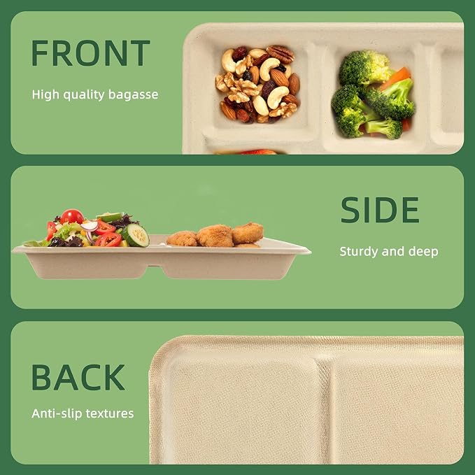 WELLIFE 100% Compostable 5 Compartment Paper Plates, 100 Pack Disposable School - Image 4