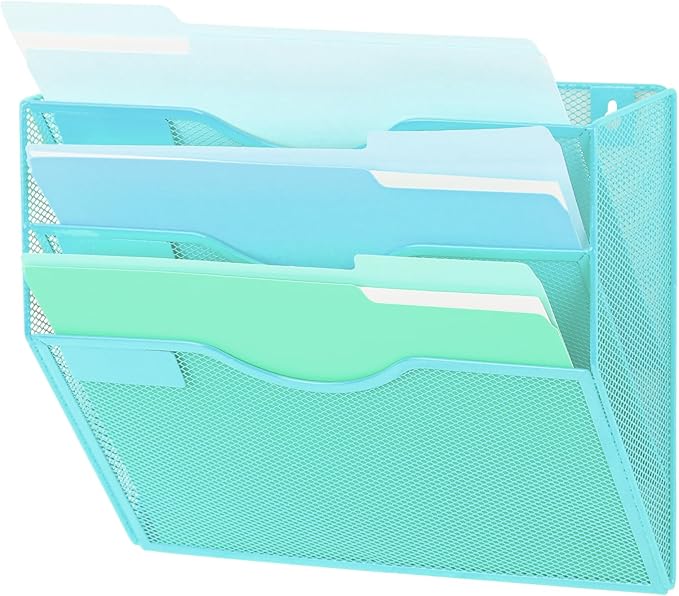 EASEPRES 3 Pocket Mesh Hanging Wall File Organizer, Wall Mounted Mail Paper Document Folder Holder, Clipboard Storage Organization Magazine Rack with Nametag Label for Office Home School, Blue-DeskLoop Office